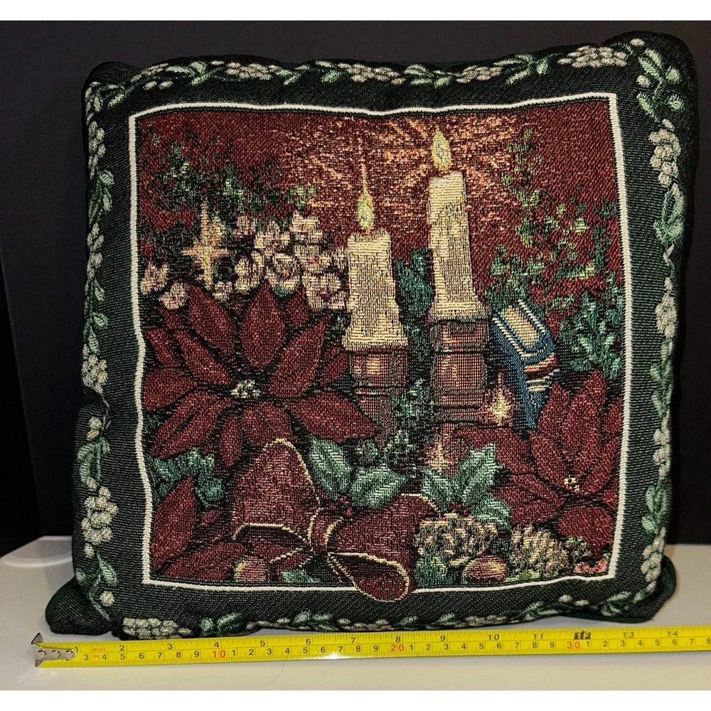 Holiday Tapestry Pillow Christmas‎ Candles Poinsettia Floral Decorative Cushion